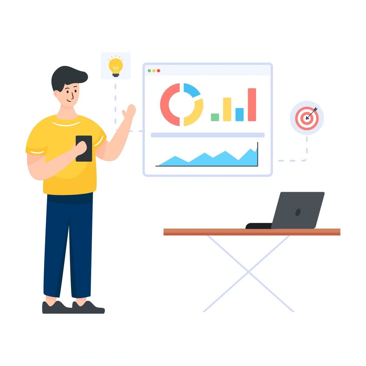 A flat design illustration of a man standing next to a desk with a laptop. Above the laptop, there are floating graphics of charts and a target, symbolizing business strategy, goals, or data analysis.