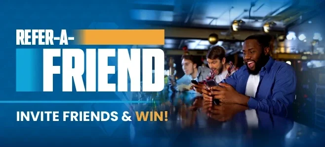 Desert Diamond Refer-A-Friend promotion showing users on mobile phones with &ldquo;Invite Friends & Win&rdquo; message.