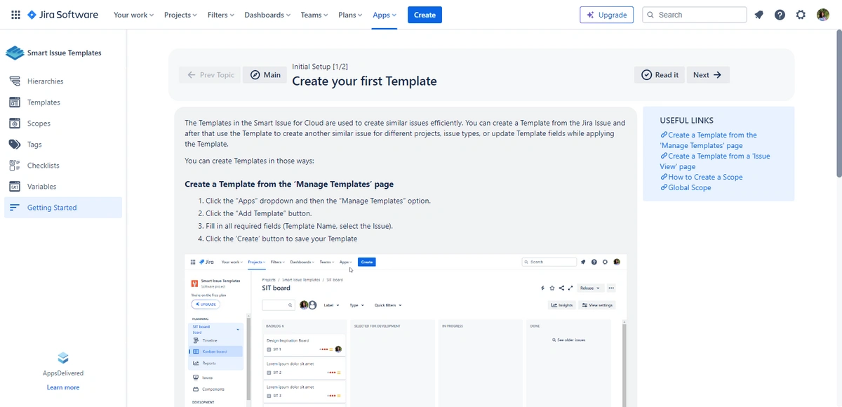 Close-up screenshot of Jira Software's 'Create your first Template' guide with detailed instructions for managing templates.
