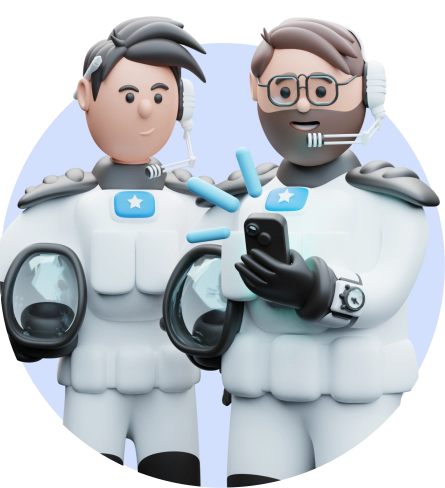 3D illustration of two cartoon-like figures dressed in astronaut suits, one holding a microphone and the other interacting with a smartphone