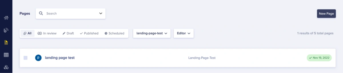 landing-page-test page listed on the Pages page in ButterCMS