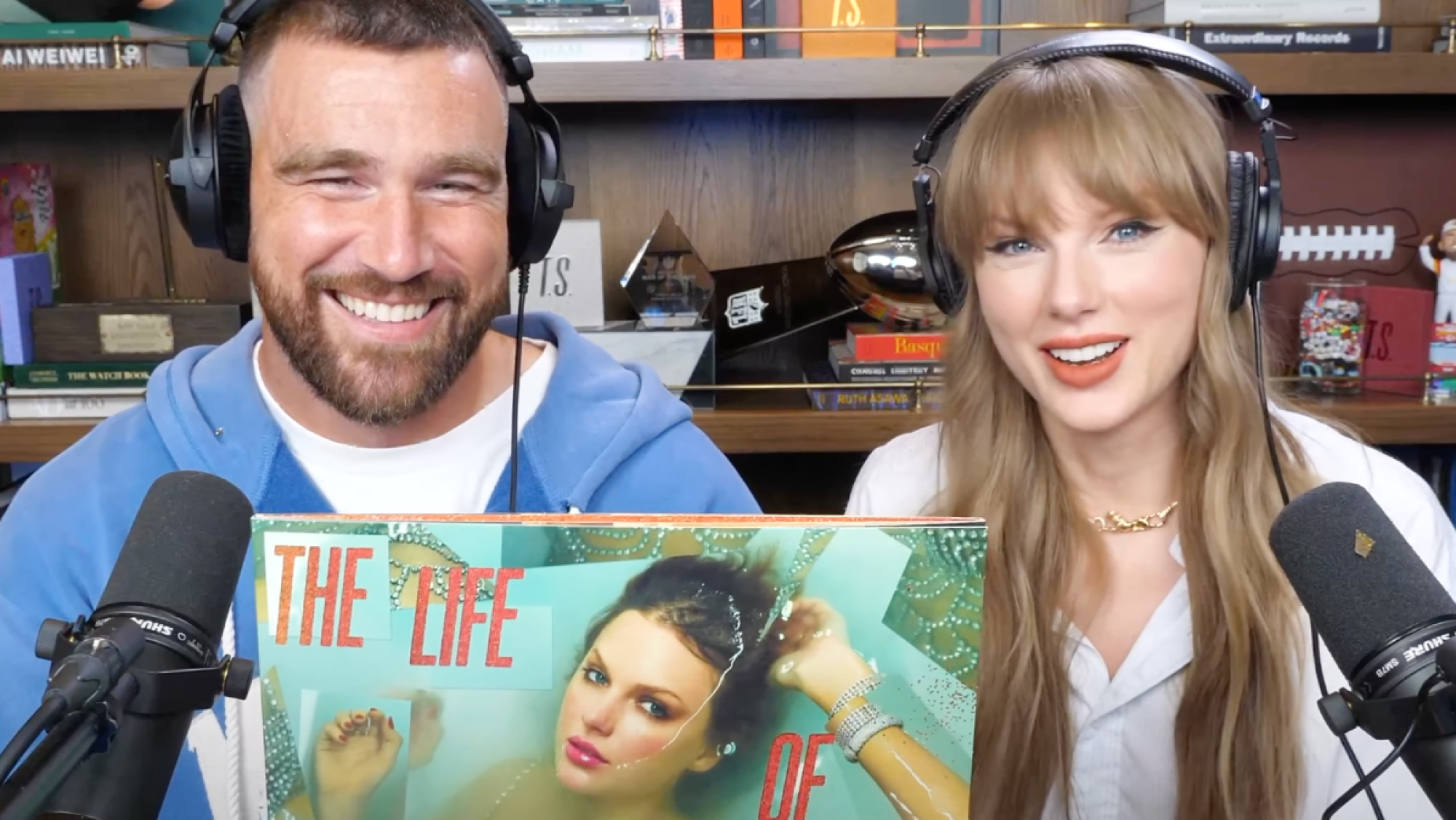 Taylor Swift and Travis Kelce on the New Heights podcast