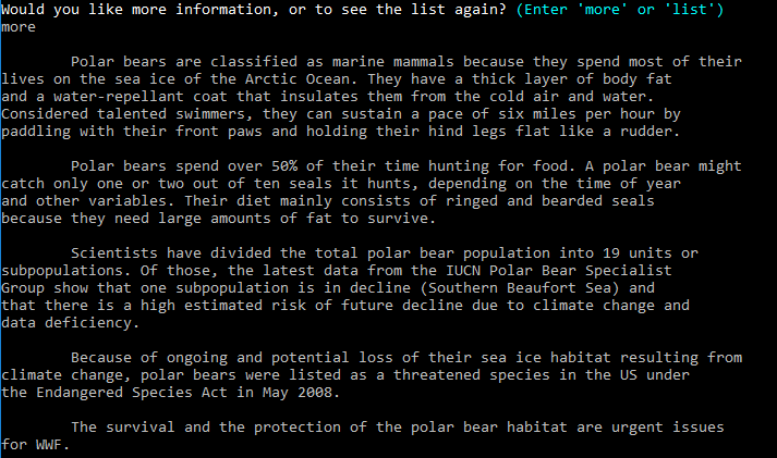 Animal description displayed in terminal