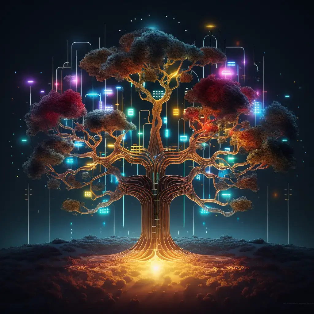 Artistic representation of the AI model FiveCRM, blend of technology and nature, binary tree with leaves as leads, illuminated nodes representing lead scores, balance of cool and warm colors, futuristic and organic vibes.