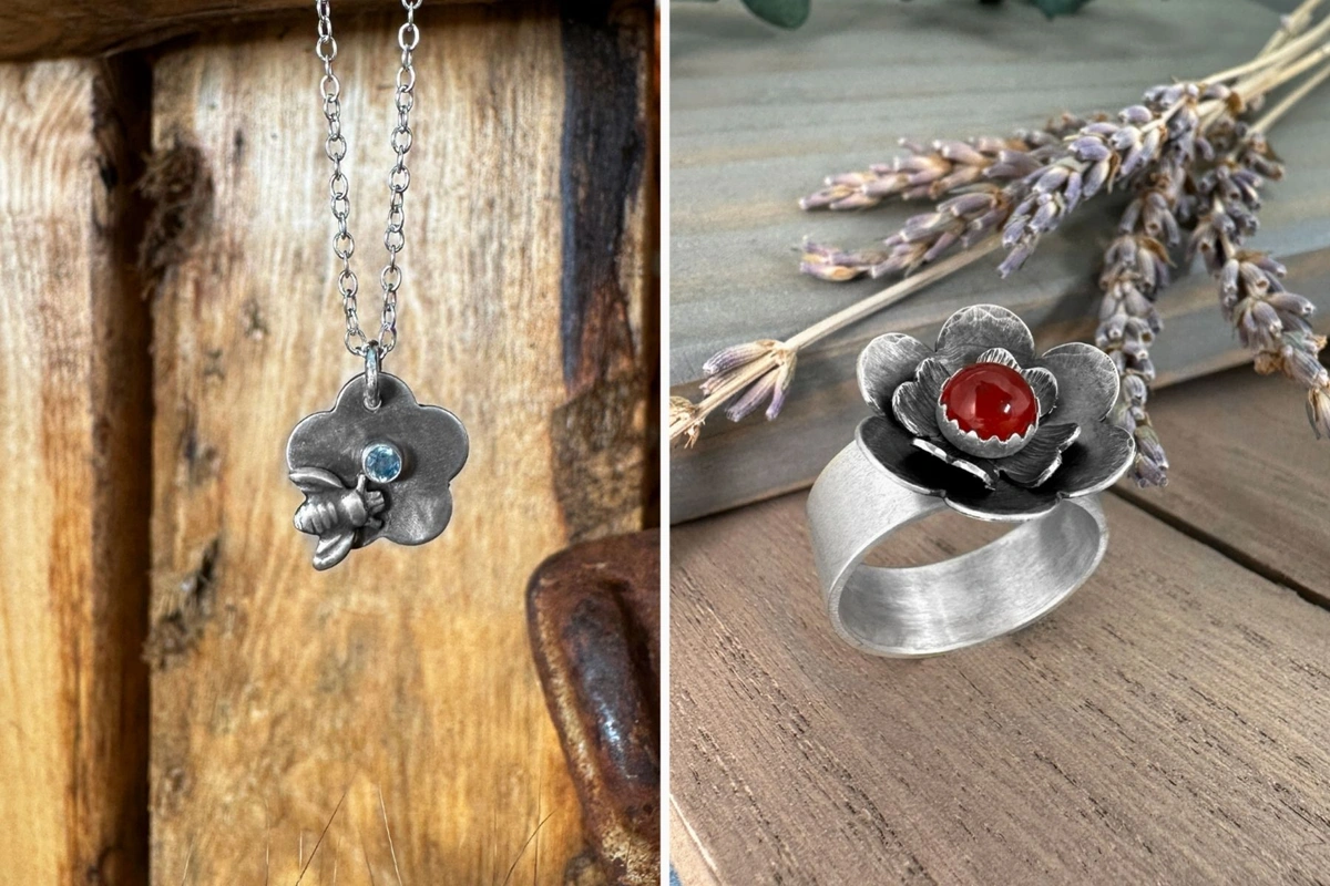 Adding stones to flower blanks - flower blank necklace with tube bezel set CZ stone, flower blank ring with cabochon set in a serrated bezel cup