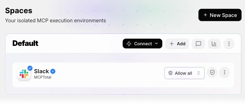 The Spaces page shows the Slack app in a space with a blue tick indicating the app is connected and a lozenge confirming the MCP server is verified.