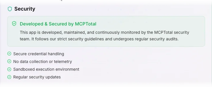 Security details for an MCPTotal developed server show it has secure credentials handling, doesn't collect data, is sandboxed, & gets security updates.