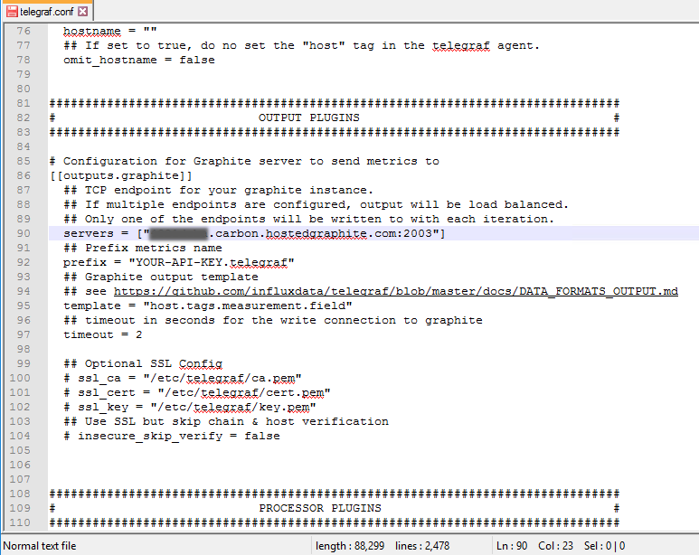 The graphite output section of the telegraf configuration file