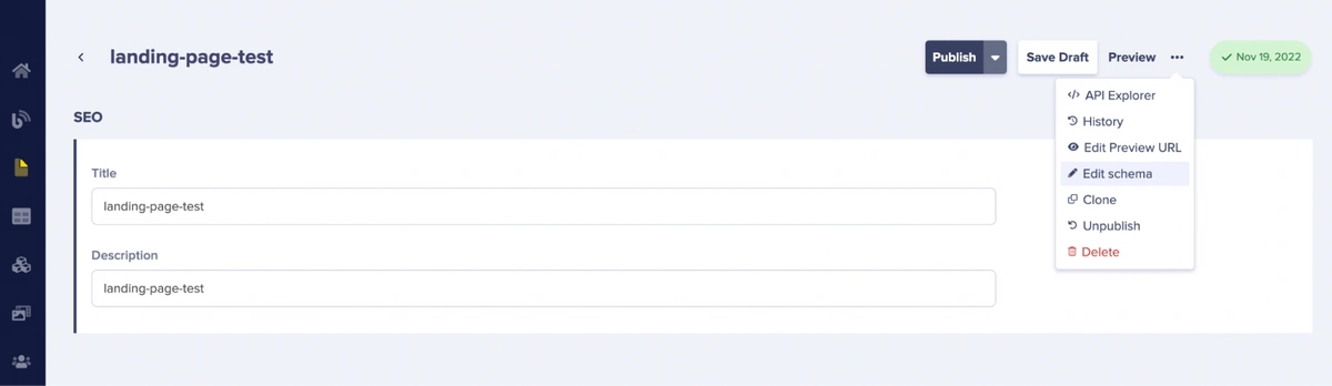 Click landing-page-test edit schema link in top right drop down menu
