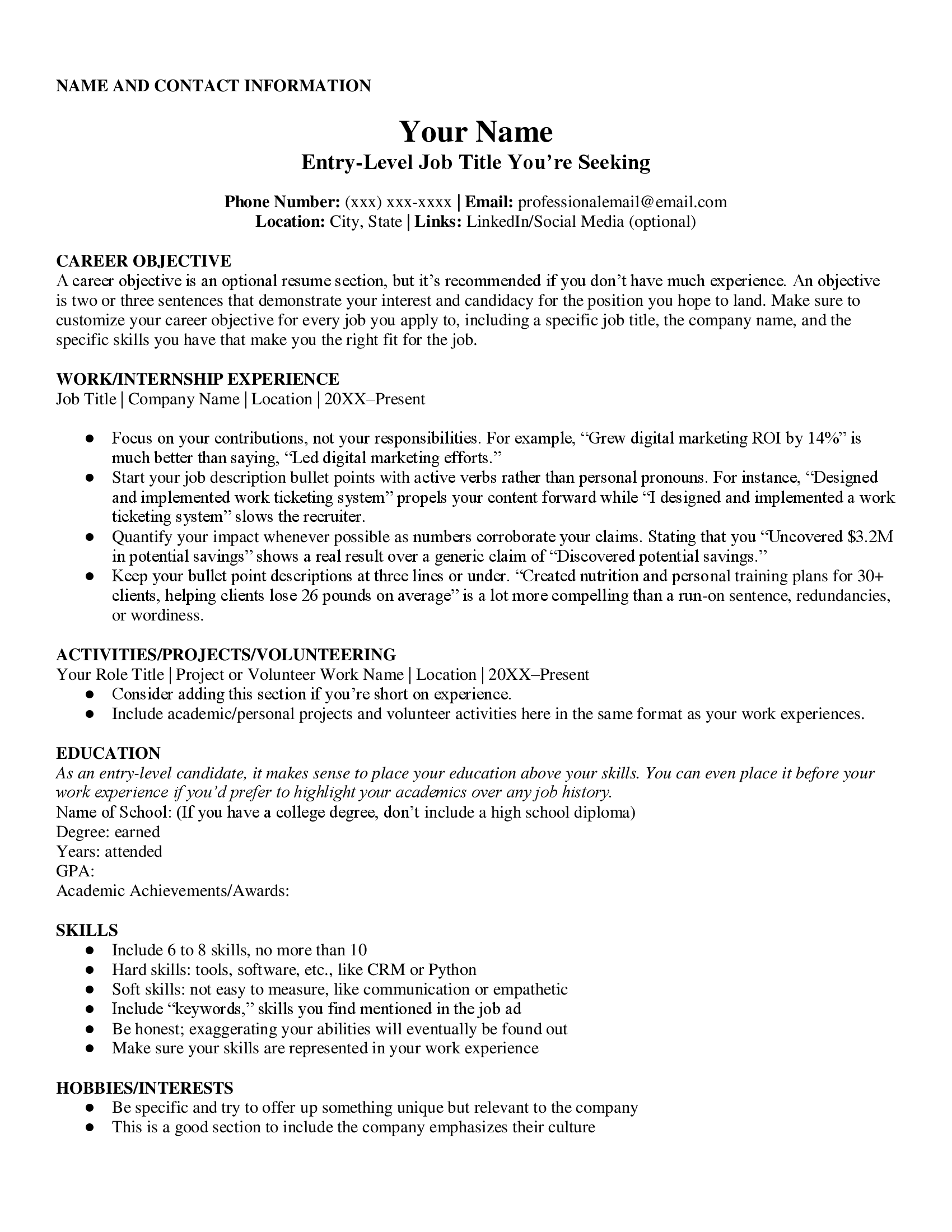 Basic resume outline example for entry-level job seekers