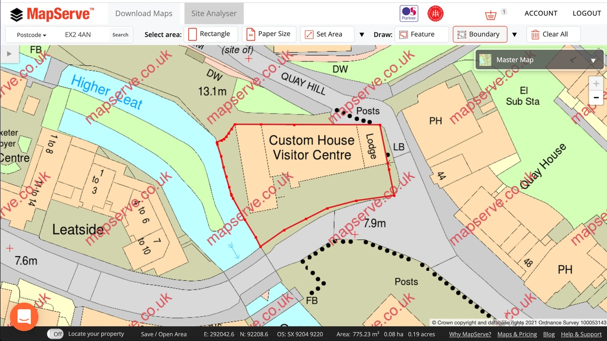 An outlined area in red on MapServe®'s preview page