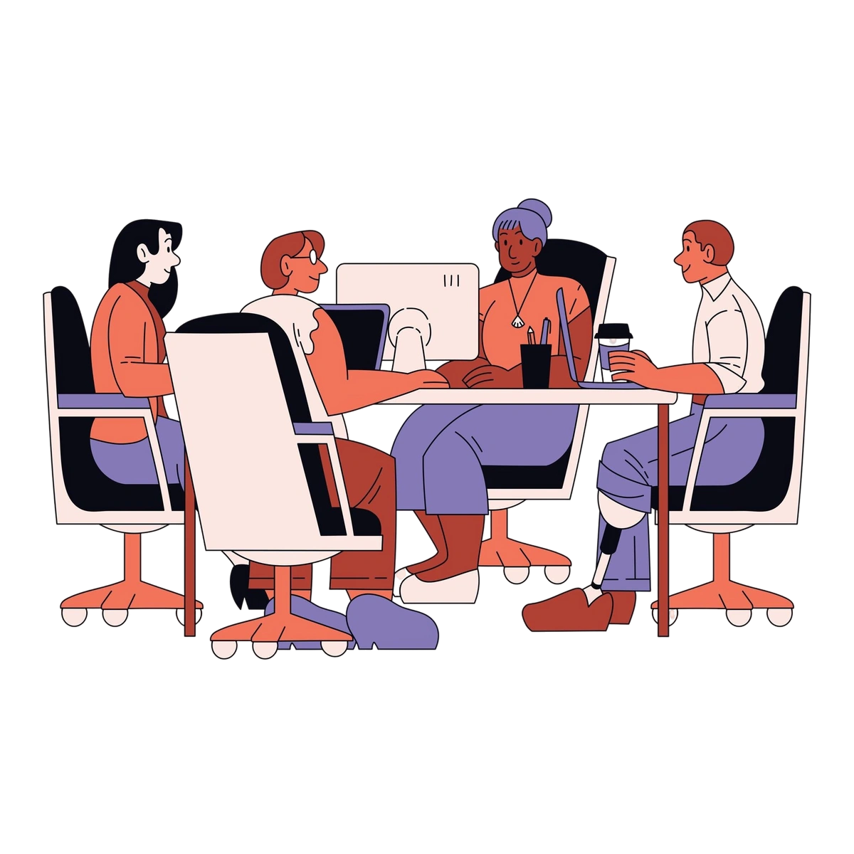 Team collaborating around a shared computer in a modern office.