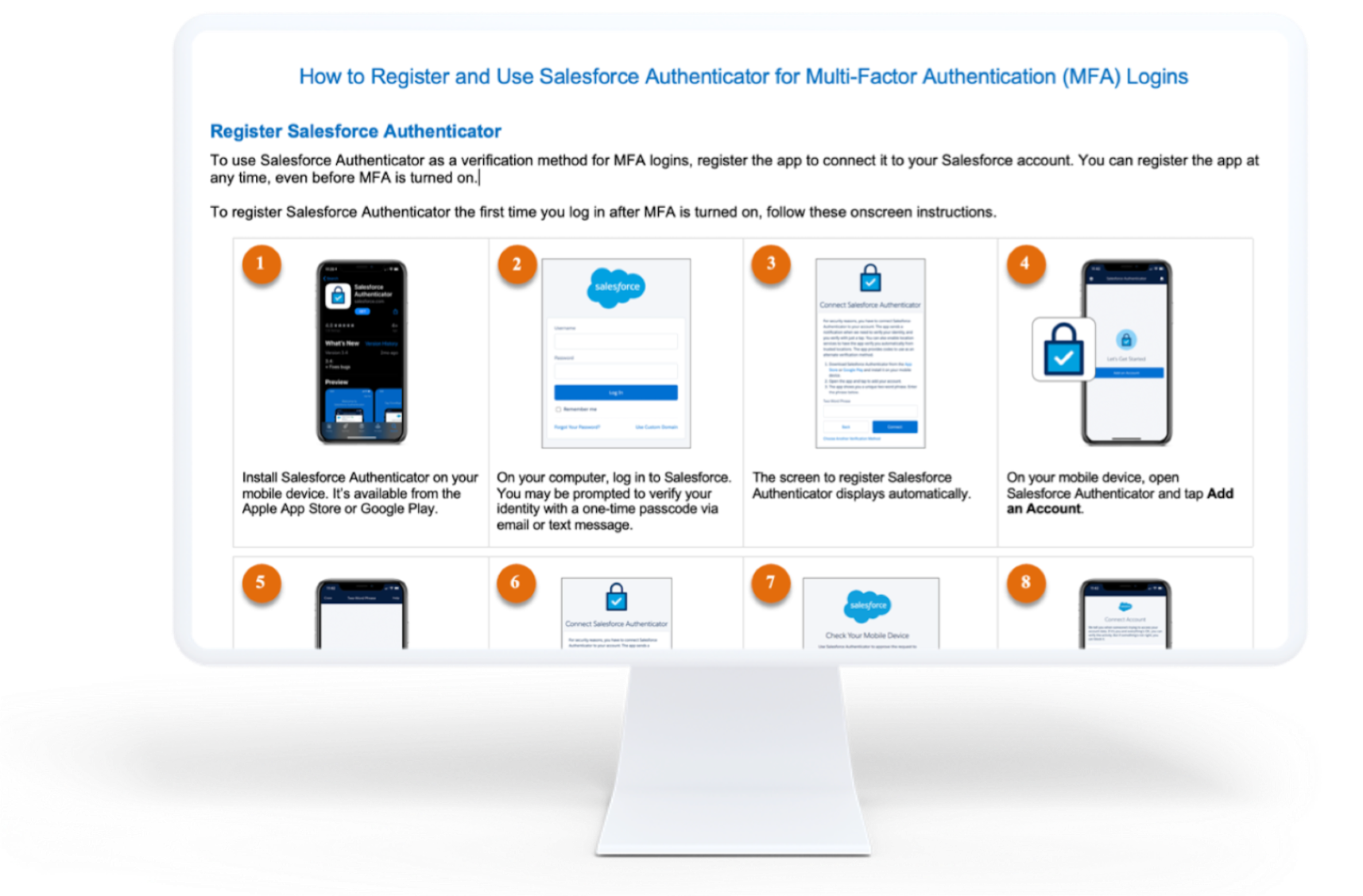 Monitor de computador exibindo capturas de tela do processo para "como registrar e usar o Salesforce Authenticator para logins com MFA"