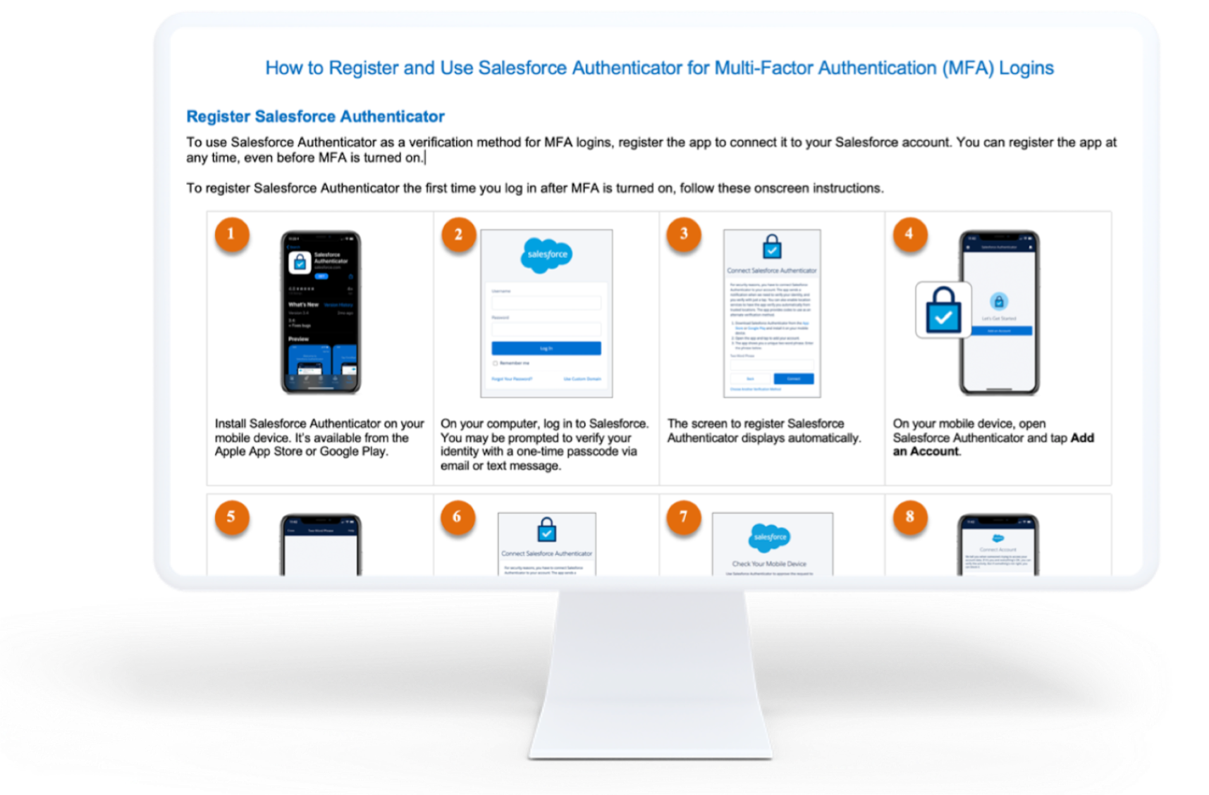 Computer monitor displaying process screenshots for "how to register and use the Salesforce Authenticator for MFA logins"