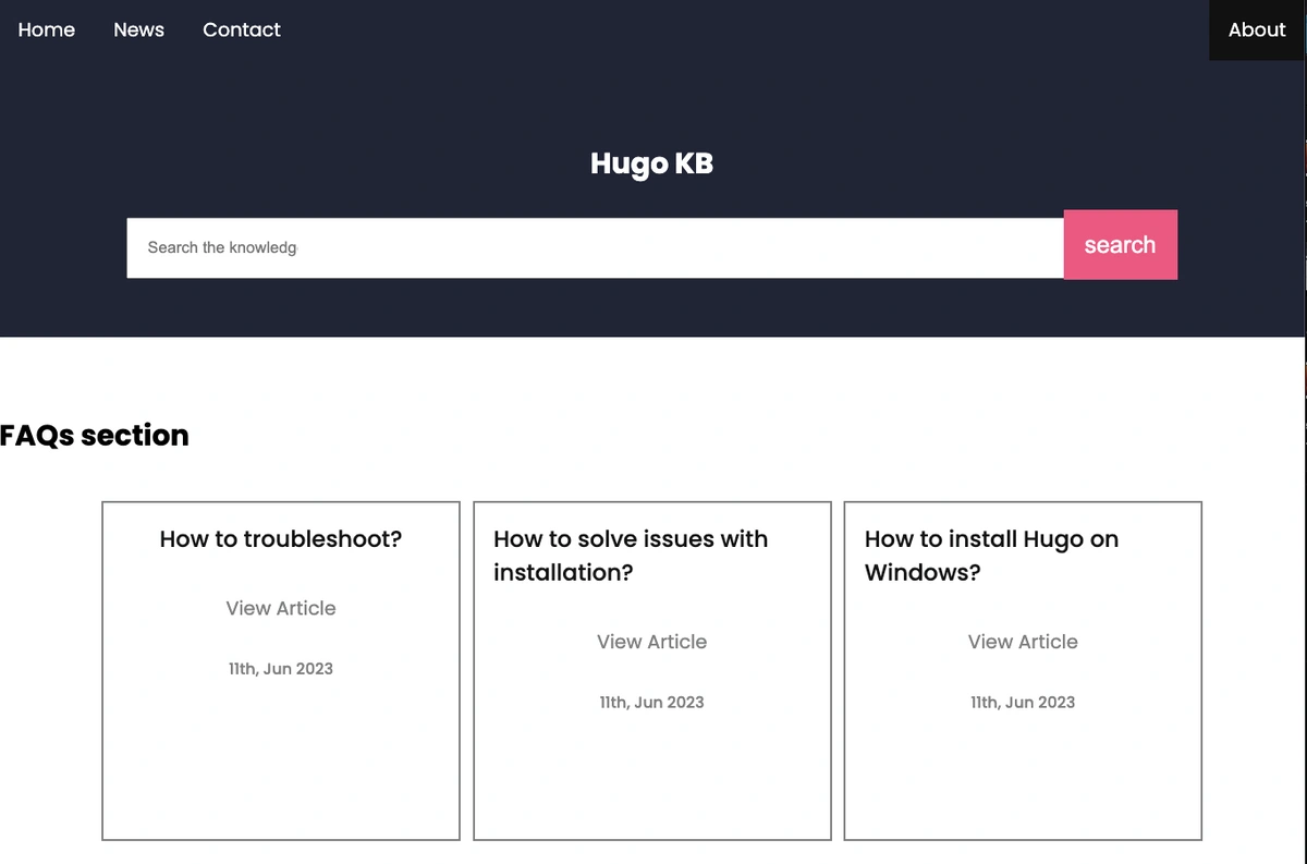Hugo website tutorial rendered FAQs section page