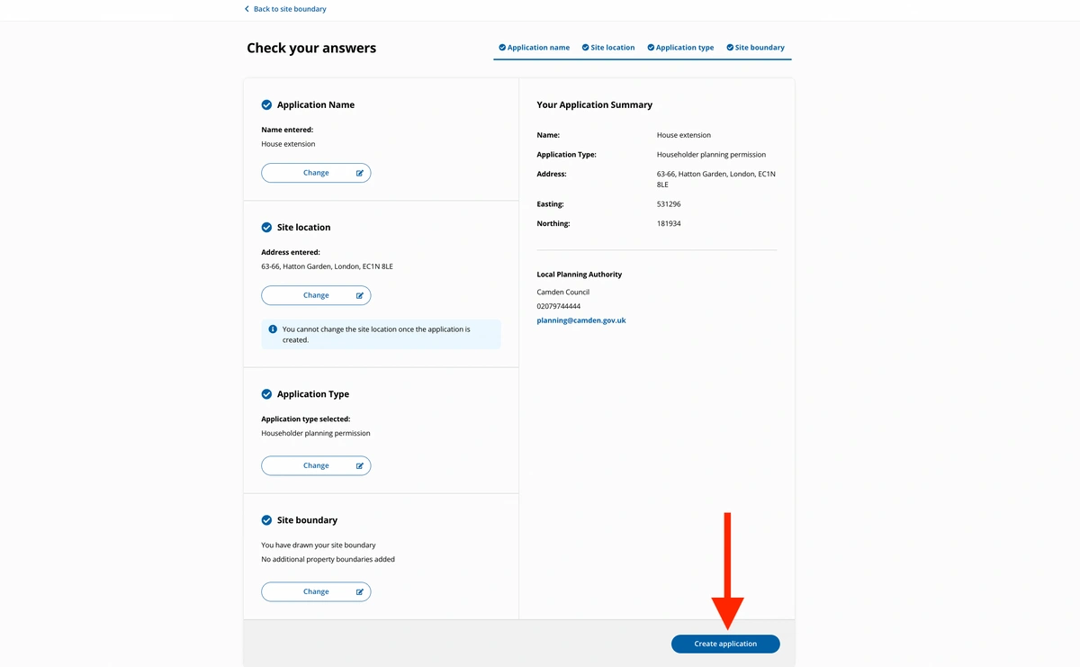 Click on create application on the Planning portal