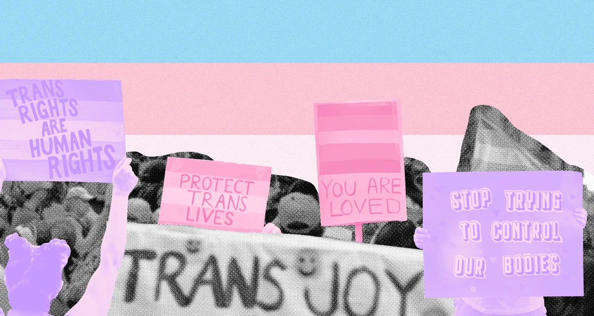 Collage of people advocating for trans rights and trans joy with Transgender Pride Flag as the background.