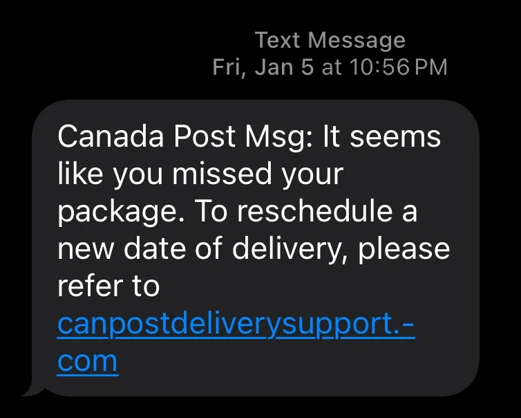 Smishing text claiming to be Canada Post with a link to a spoofed Canada Post page.
