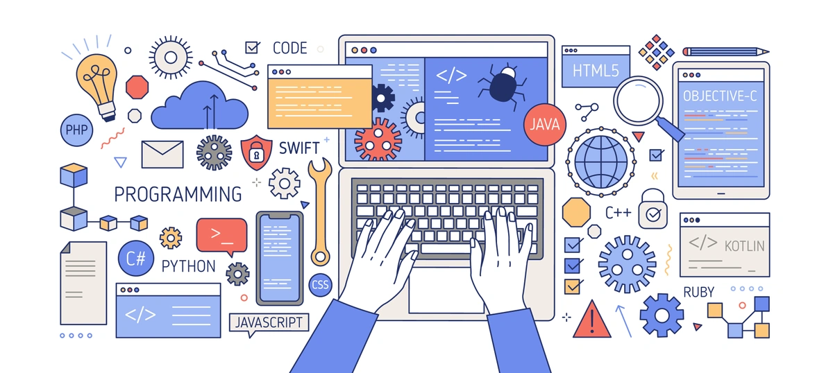 A colorful banner featuring line art illustrations related to programming and software development, including symbols and icons for different programming languages and tools.