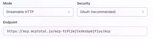 Snippet shows the streaming HTTP mode with OAuth security selected and the resulting endpoint.