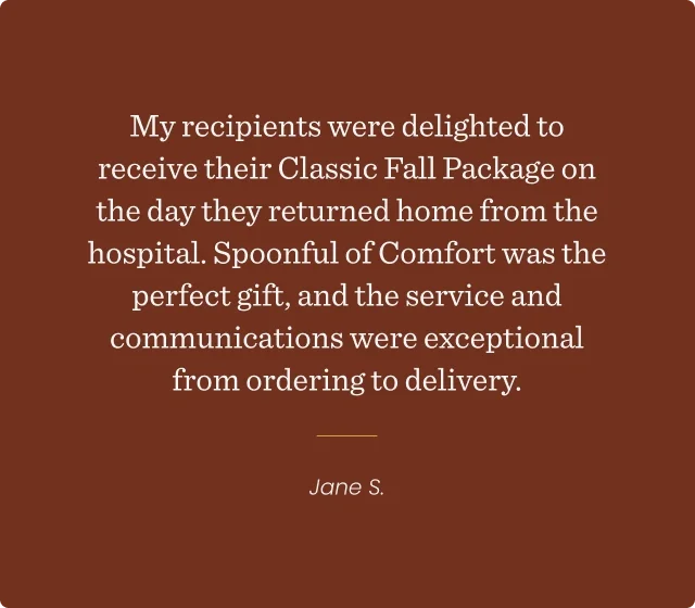 Customer testimonial quote from Jane praising Spoonful of Comfort, describing the soup as comforting, delivery as fast, packaging as cheerful, and saying they plan to send it again—possibly to themselves.