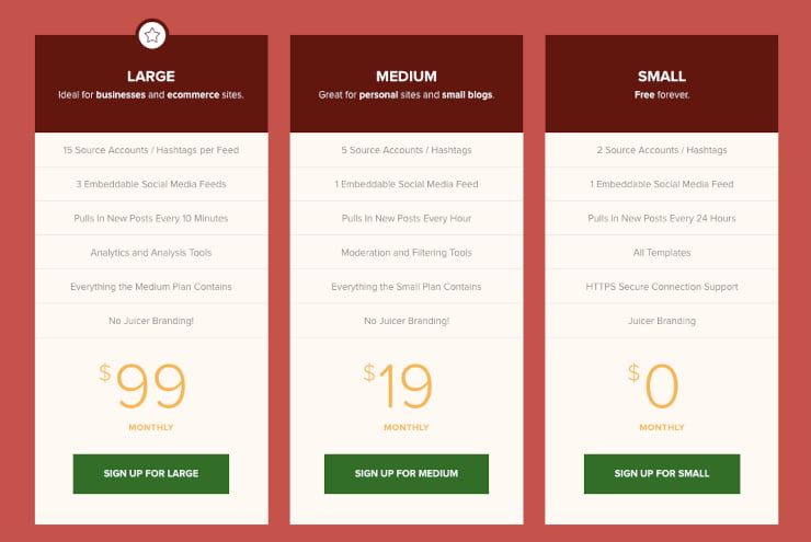 Juicer social aggregator pricing options