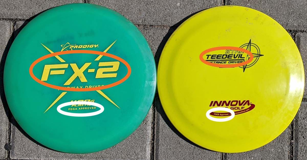 A green disc and a yellow disc, both with circles indicating their models and the words "PDGA approved"