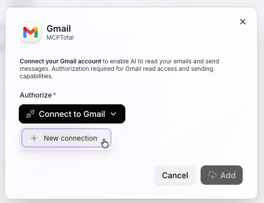 Screenshot shows the add Gmail dialog, highlighting the new connection option.