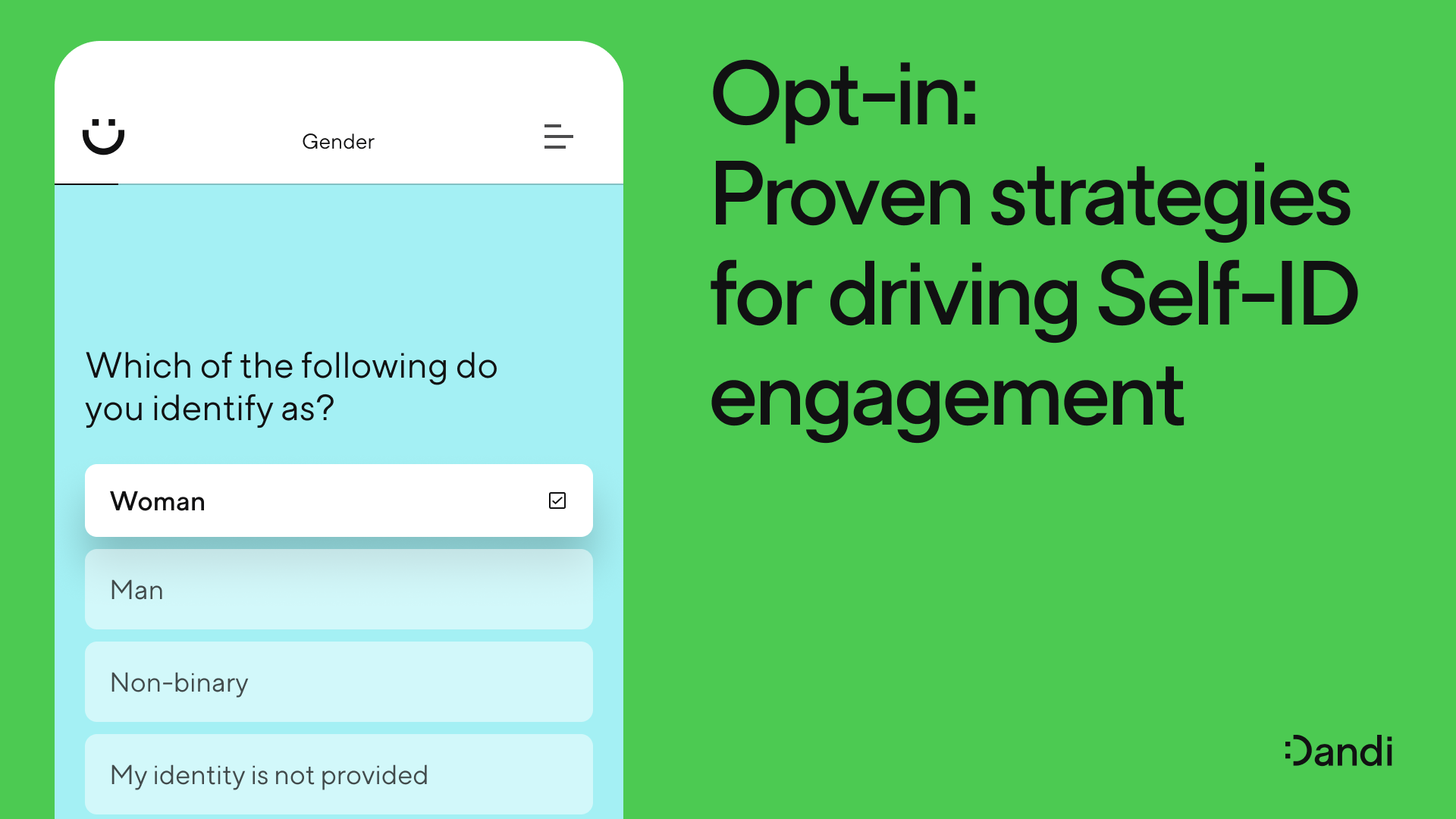 Mockup of a Dandi self-ID employee survey in a mobile phone screen. Headline alongside reads: Opt-in: Proven strategies for driving self-ID engagement