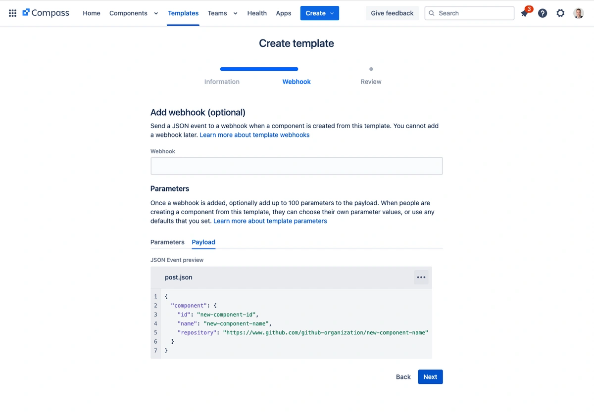 Screenshot of the 'Create Template' page in Atlassian Compass, showing the webhook configuration step. It includes fields for adding a webhook and optional parameters. The JSON payload preview is shown below with an example of a component's repository details.