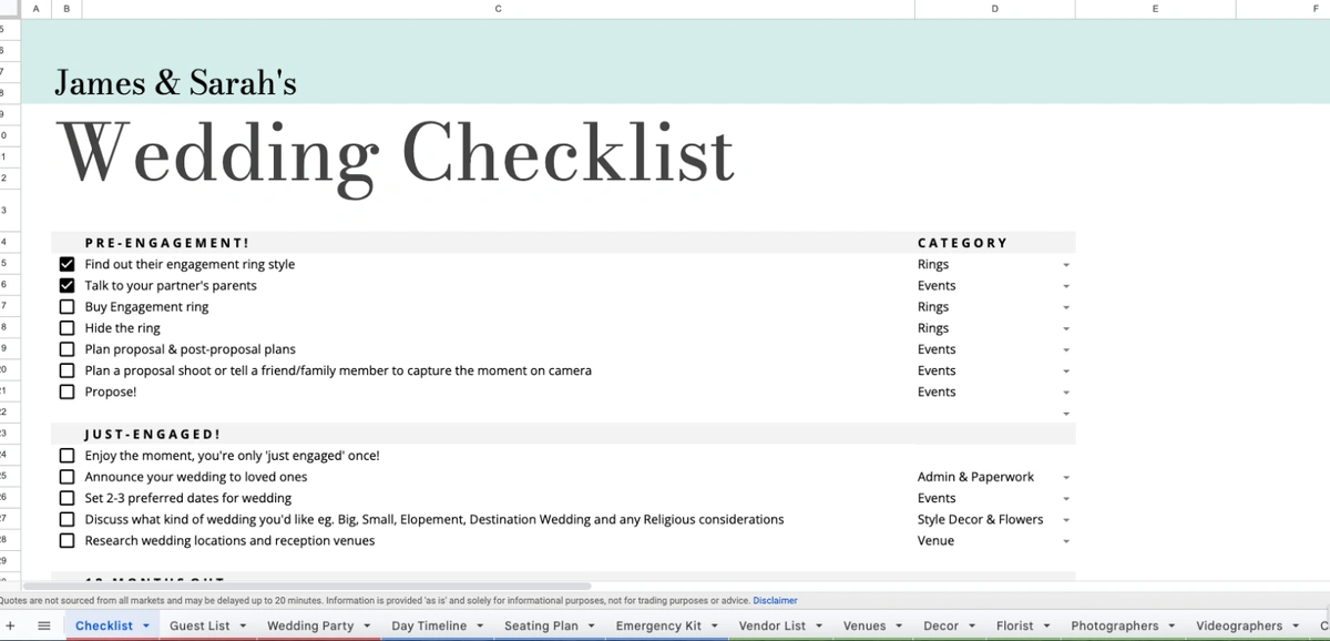 Screenshot from the wedding planning template showcasing the wedding checklist and planning timeline.