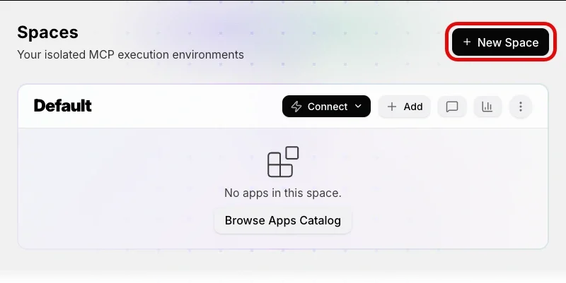 A Spaces page with an empty default space highlights the new space button.