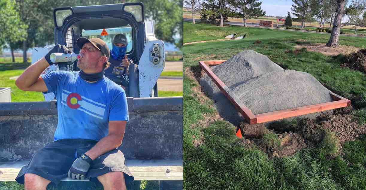Two images. Left, a man on a bulldozer shovel drinks a beer. Right, gravel in a wooden fram for a disc golf tee pad.