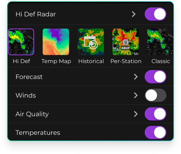 Screenshot of available layers in the MyRadar application