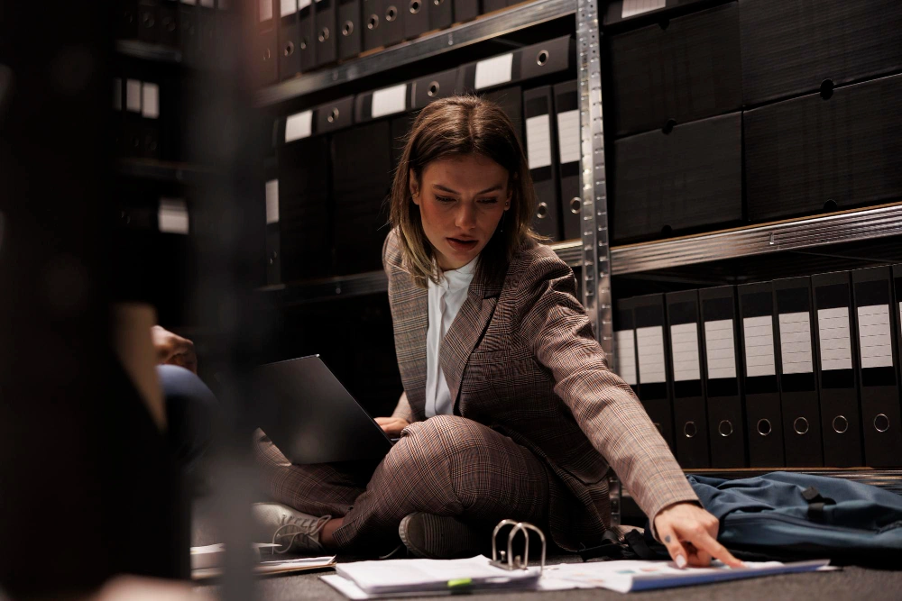 A woman sitting on the floor in an archive room, examining documents and using a laptop.