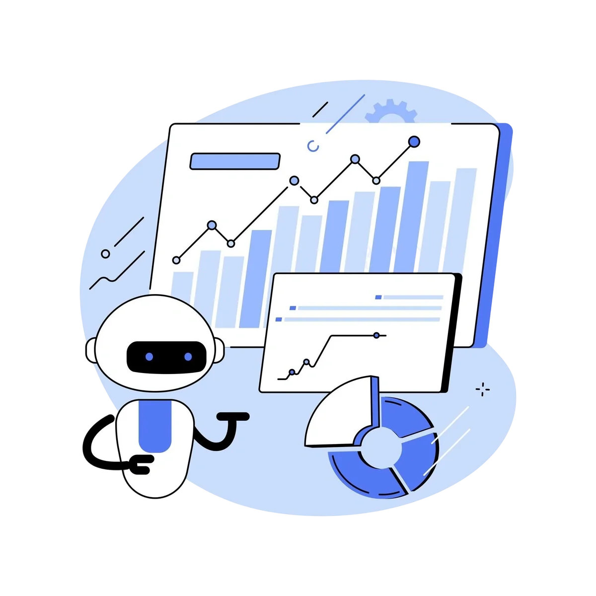 Illustration of a robot analyzing bar charts, pie chart, and line graphs representing automation and data analytics.