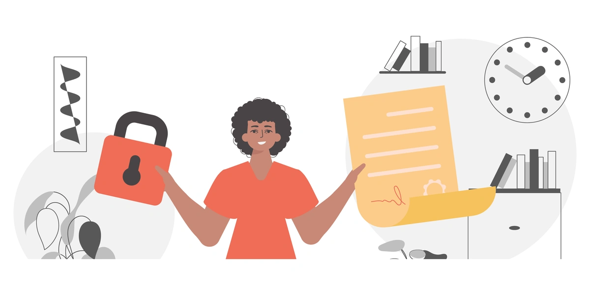 An illustration of a smiling woman holding a large padlock in one hand and a document with a signature in the other, standing in front of an office background with a clock, plant, and bookshelf. This could represent concepts of security, agreement, personal data protection, or achieving a milestone in a professional setting.