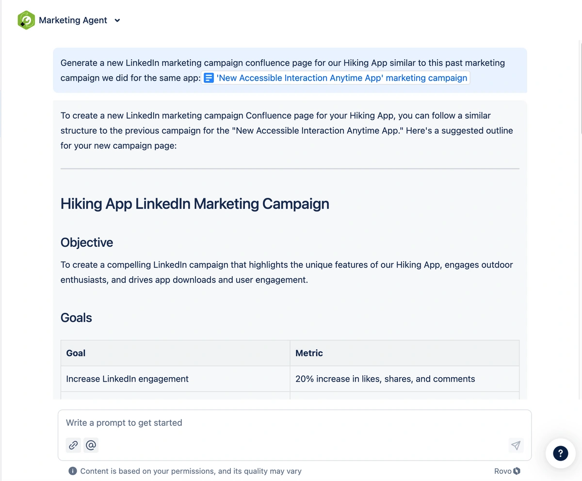 Marketing agent generating a LinkedIn campaign plan for a Hiking App, outlining objectives, goals, and metrics.