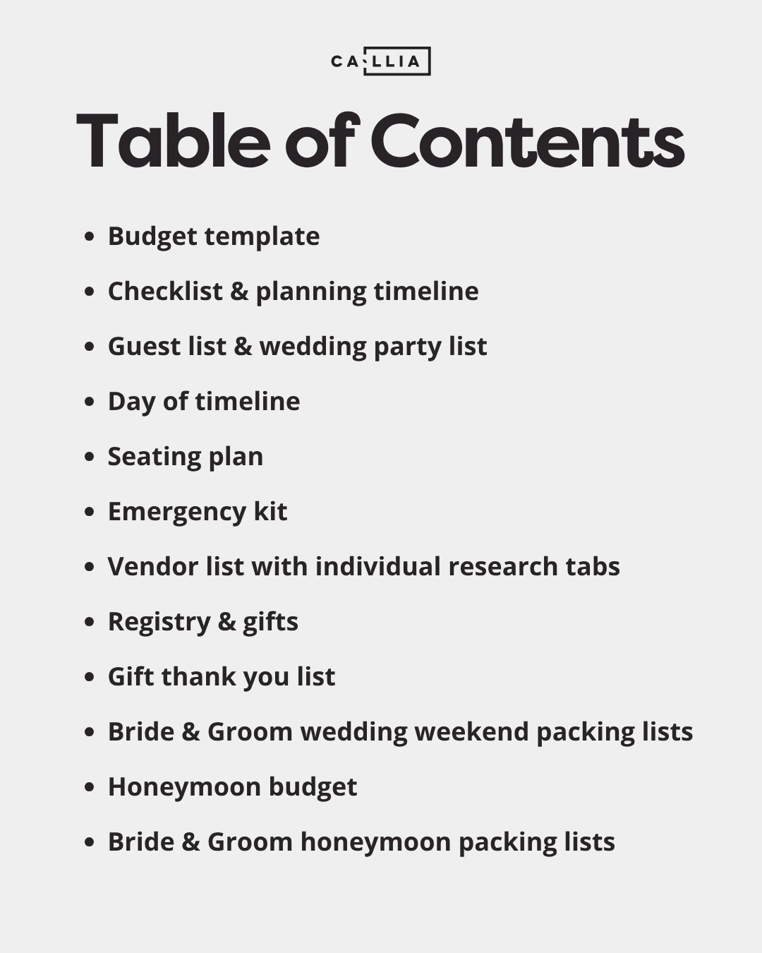 Graphic showcasing the table of content of the Callia’s wedding planning template including sections like emergency kit, seating plan, guest list and many more.