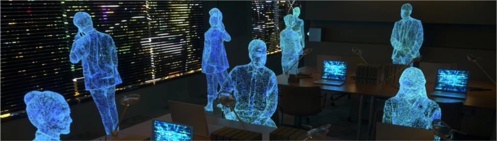 Electric blue digital people work in an office, conversing and using PCs
