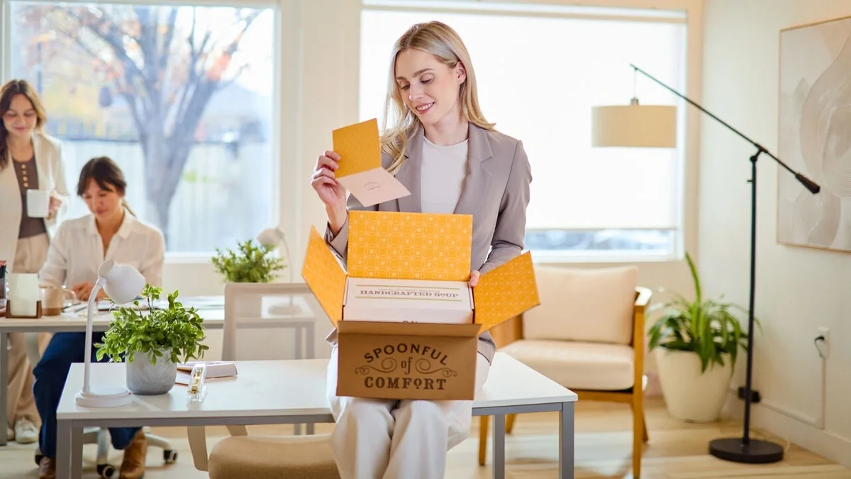 Woman smiling as she reads a greeting card after opening a Spoonful of Comfort gift box in an office, with coworkers in the background.