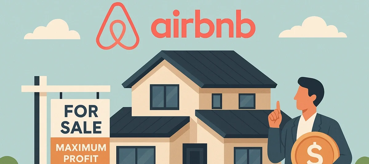 Illustration of a modern suburban home with a for-sale sign and a confident seller figure, symbolizing the process of selling an Airbnb property for maximum profit.