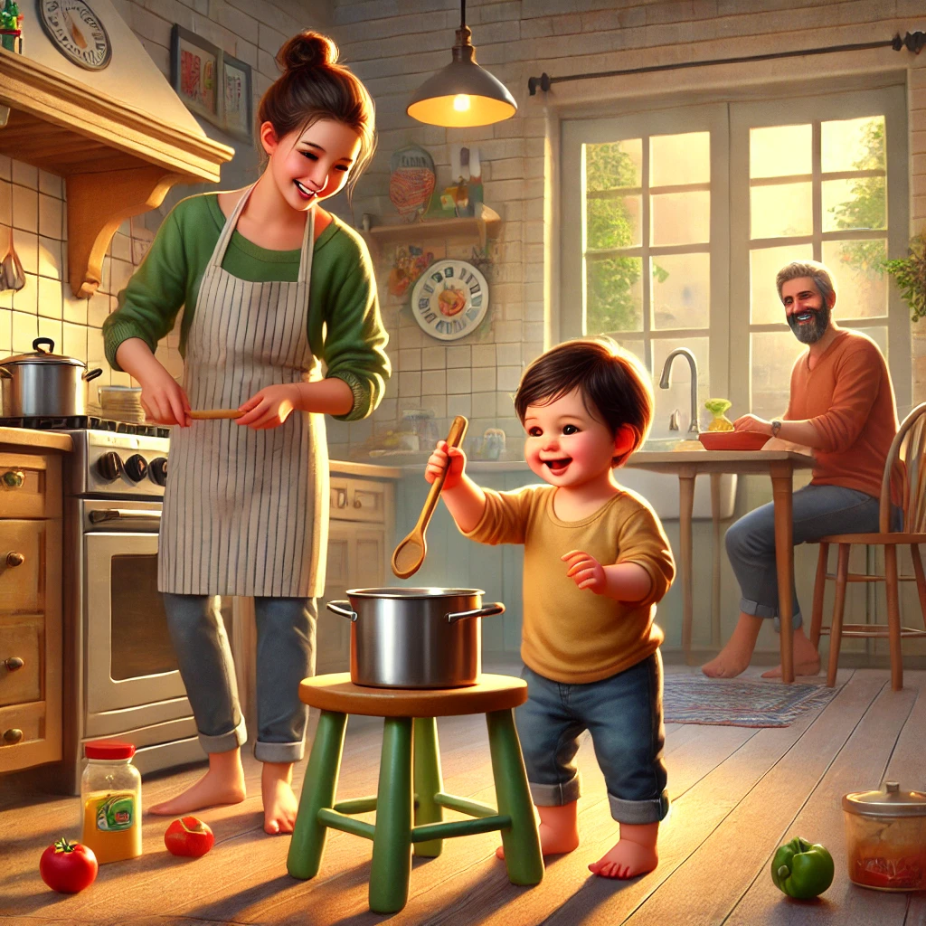 DALL·E 2024-12-29 18.50.46 - A heartwarming scene of a toddler in a cozy kitchen attempting to mimic their parent’s cooking gestures. The toddler is standing on a small stool, hol.webp