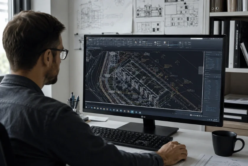 architect working on a dwg map