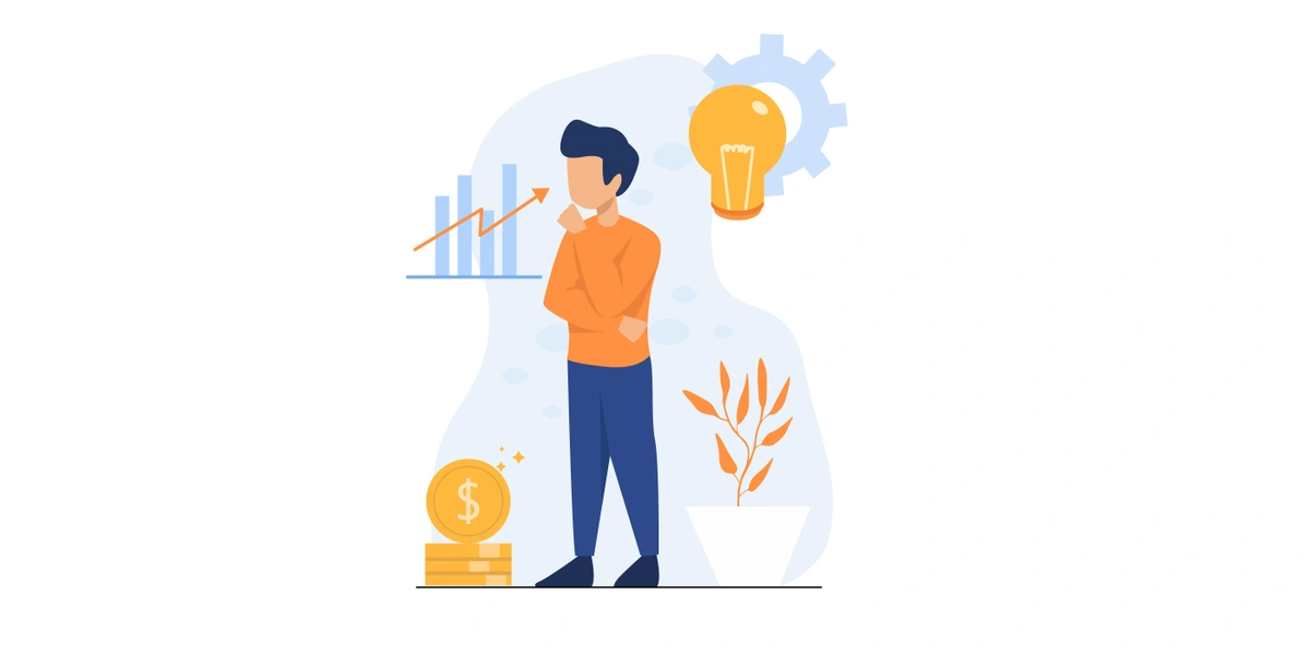 An illustration of a person standing thoughtfully next to a pile of coins, with a bar chart trending upward, a lightbulb with gears, and a plant. This represents growth, idea generation, and financial planning or investment.