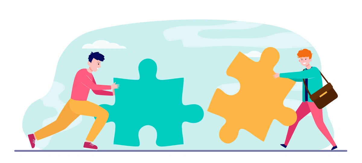 An illustration featuring two people with complementary puzzle pieces moving towards each other to connect them, symbolizing teamwork and problem-solving.