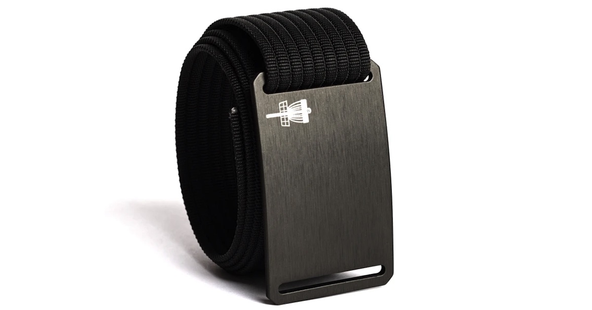 A black nylon belt with a metal buckle with a white disc golf basket printed on it