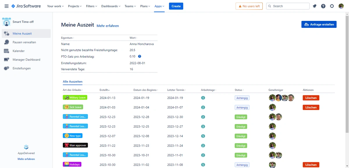 A screenshot of a leave management system in Jira Software, showing an overview of leave balances, requests, and status with options to create a new request.