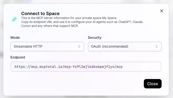 The connect to space dialog shows options for with the resulting in point displayed. A button provides for closing the dialog.
