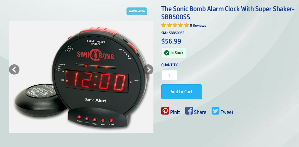 Sonic Bomb Alarm Clock: Intensely loud alarm clock that shakes your bed.